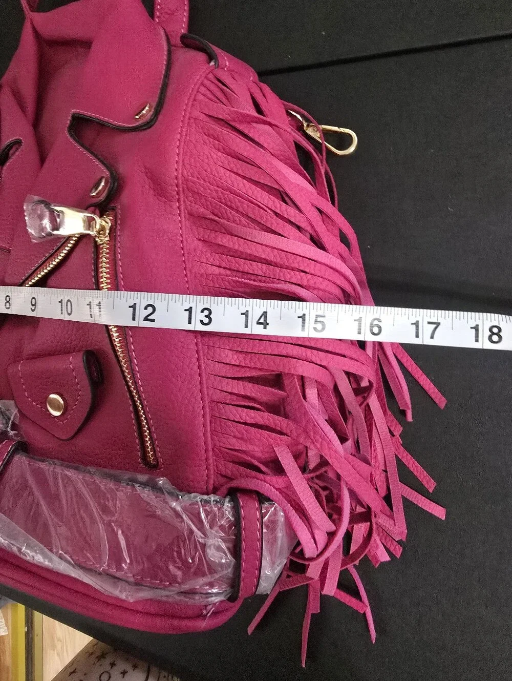 New LE Miel Vegan Hot Pink Fringe Moto Backpack Bag with Gold Hardware